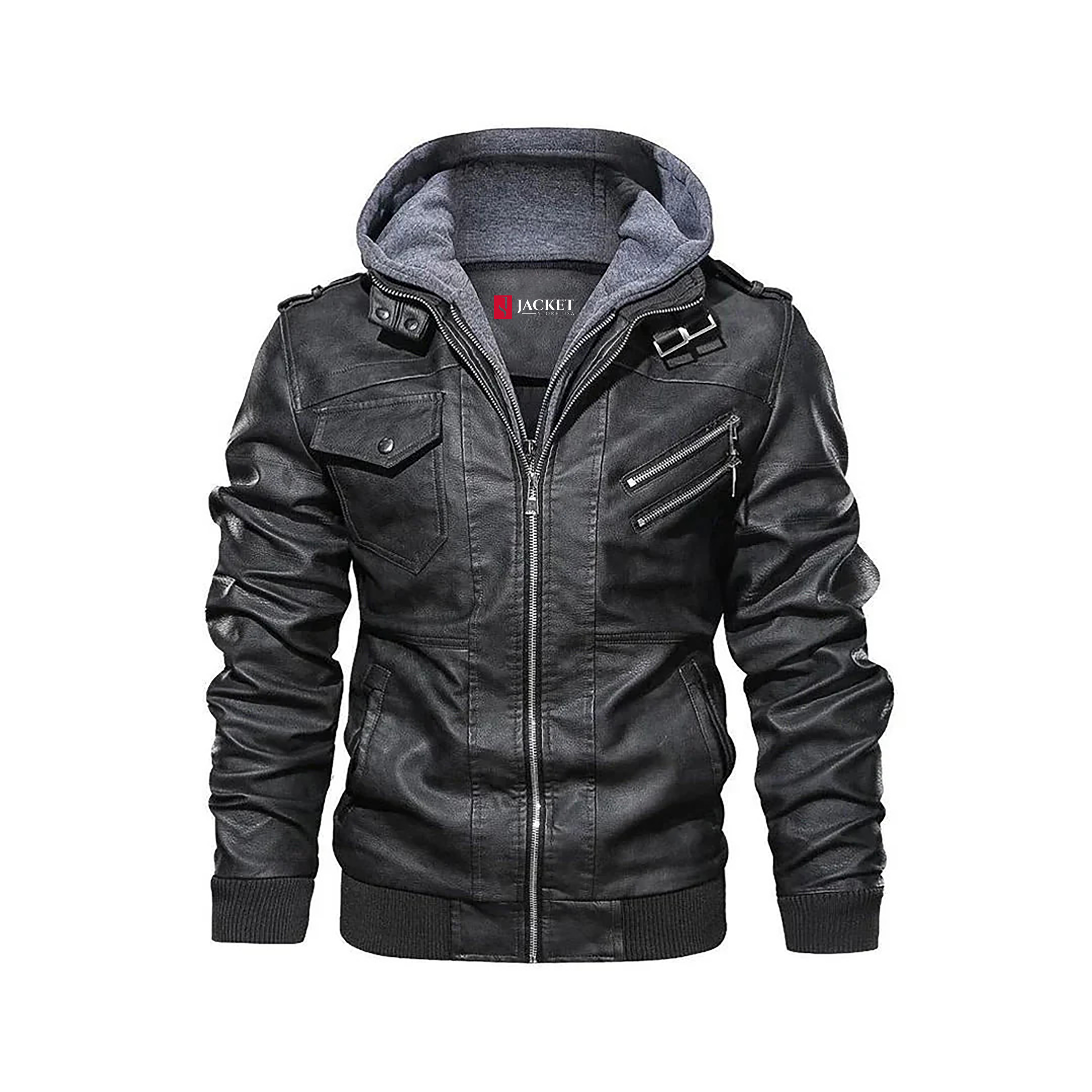 Men™s Guerrilla Leather Hooded Jacket “  Real Leather, YKK Zipper, 4 Pockets