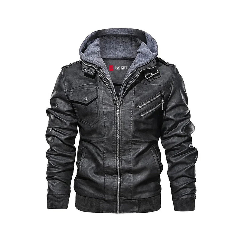 Men's Black Salvador Leather Jacket - Premium PU Leather, Removable Hoodie,
