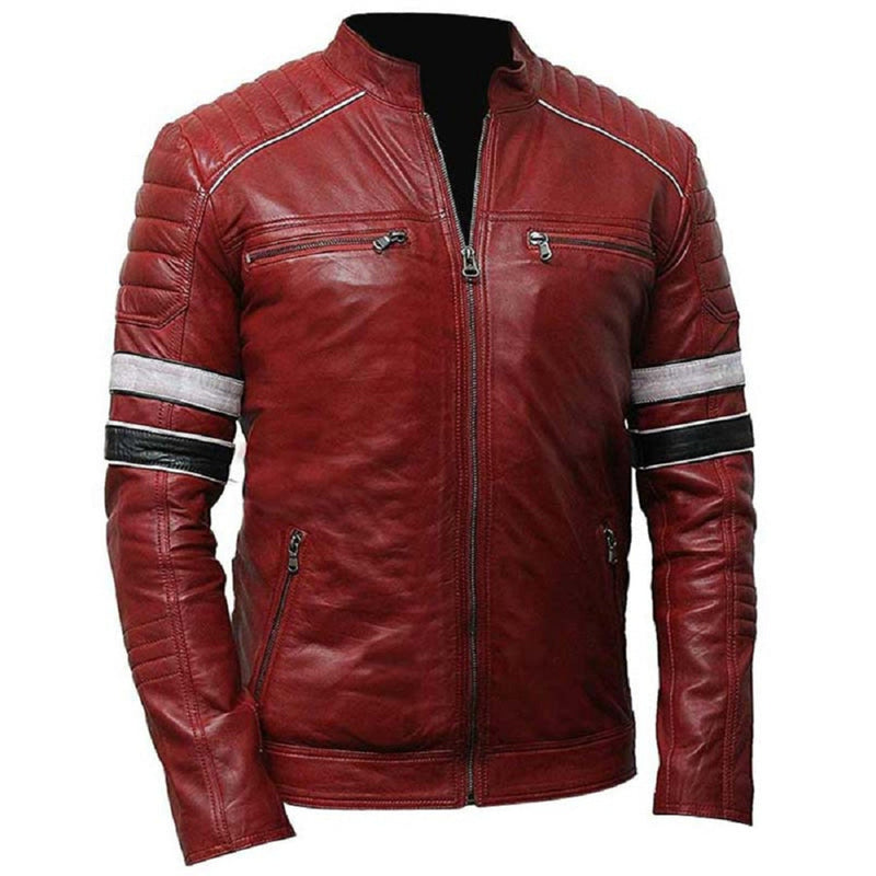 JSU Men’s Red Café Racer Jacket — Genuine Cow Leather