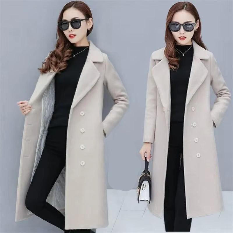Women™s Woolen Double-Breasted Velvet Coat - Tailored Fit, Warm