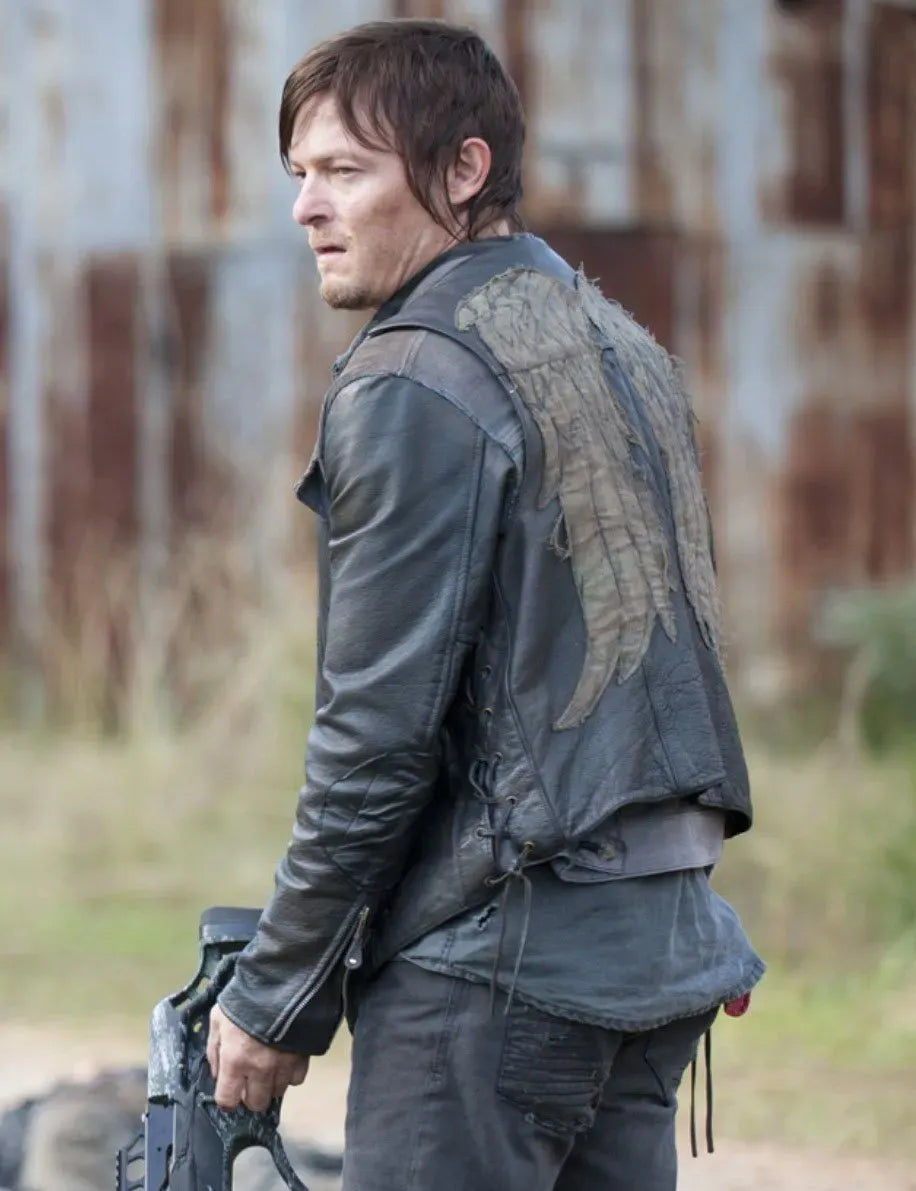 The Walking Dead Daryl Dixon Vest - Angel Wings Black Leather Vest