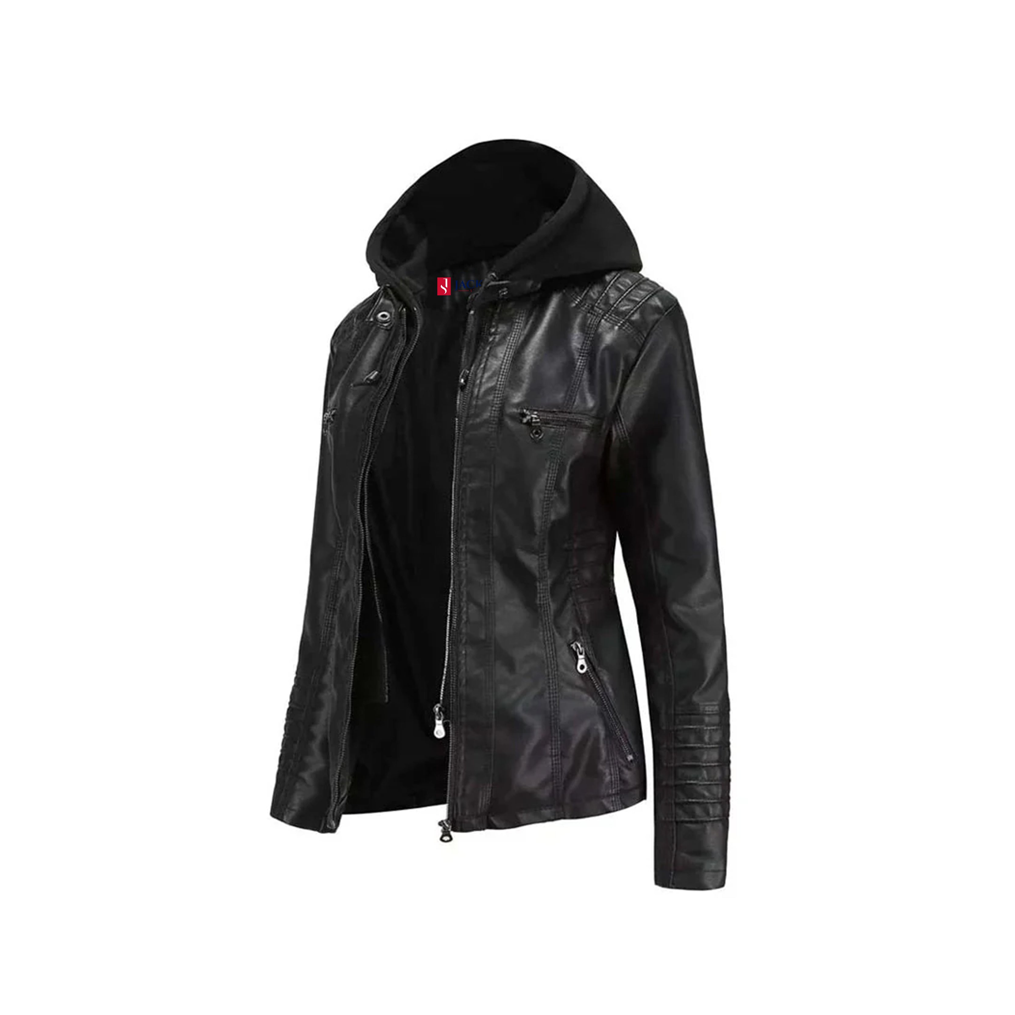 Women™s Winter Leather Biker Jacket - Hooded Collar, Zipper Pockets