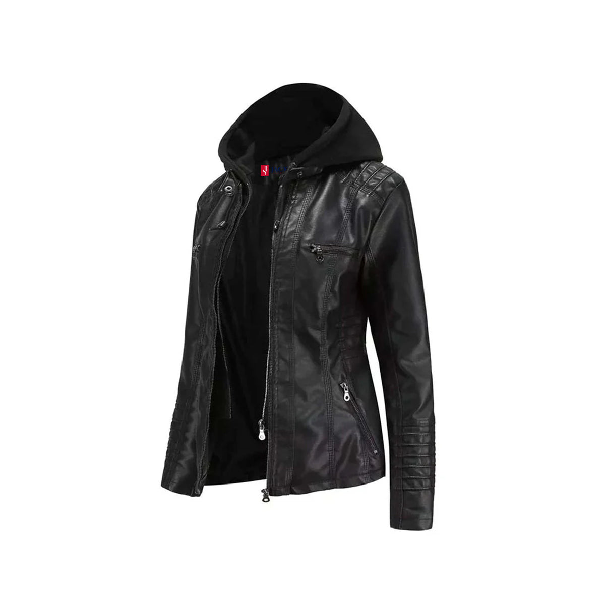 Women™s Winter Leather Biker Jacket - Hooded Collar, Zipper Pockets