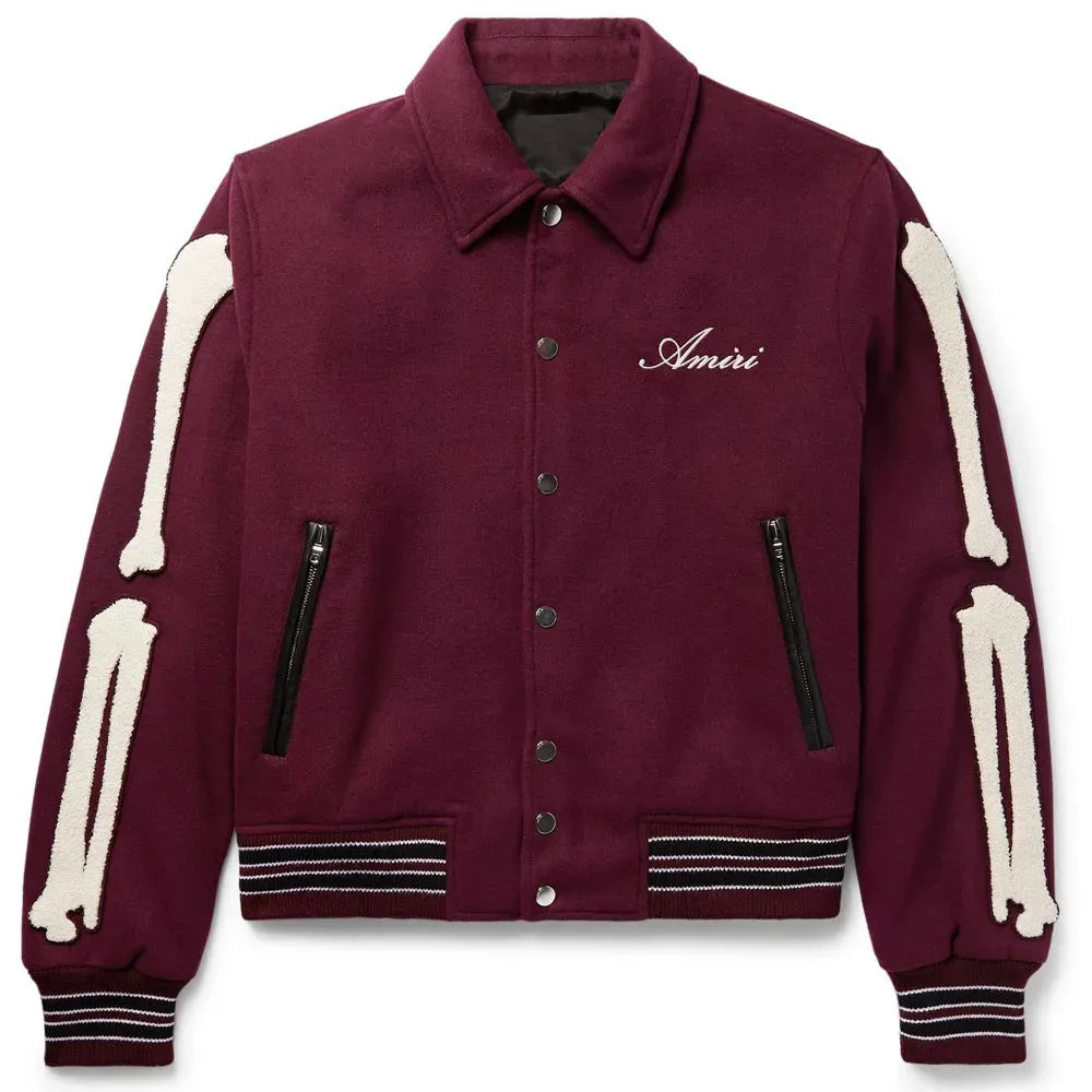 Maroon jacket with bone designs on sleeves and 'Amiri' branding on a white background