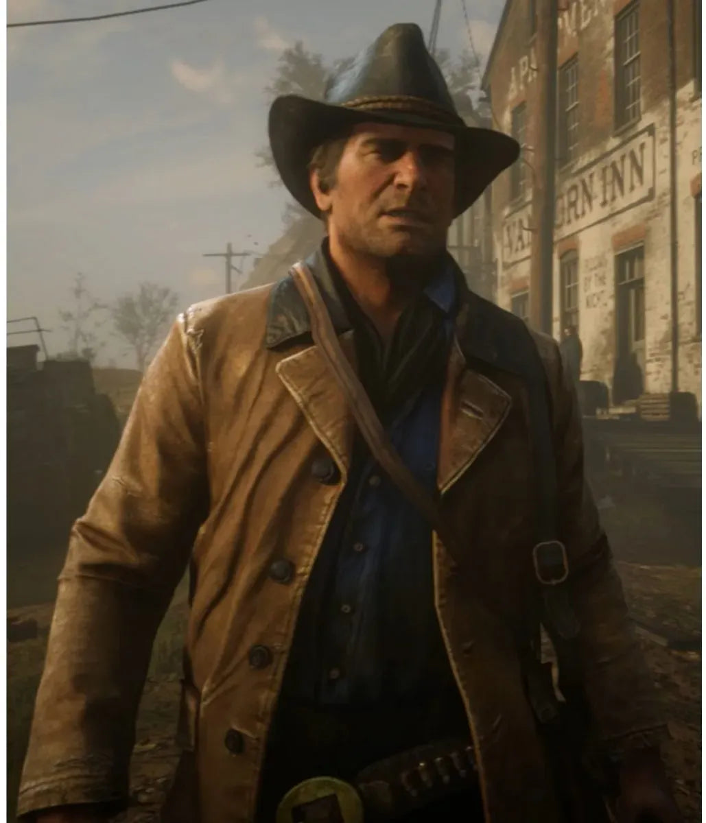 Character in a western setting wearing a brown coat and hat, standing in front of an old building.