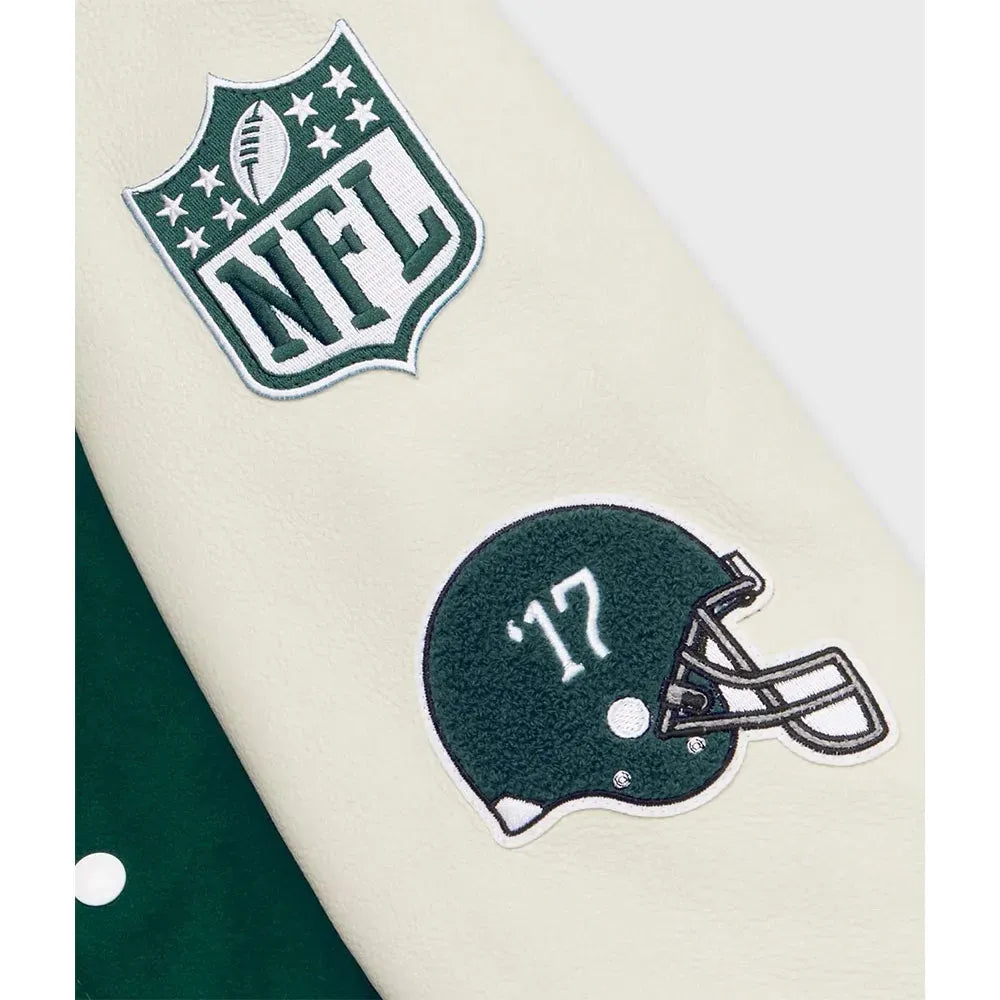 OVO x Philadelphia Eagles Varsity Jacket - Green & White Wool Leather Letterman Jacket