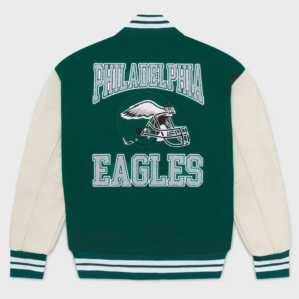OVO x Philadelphia Eagles Varsity Jacket - Green & White Wool Leather Letterman Jacket
