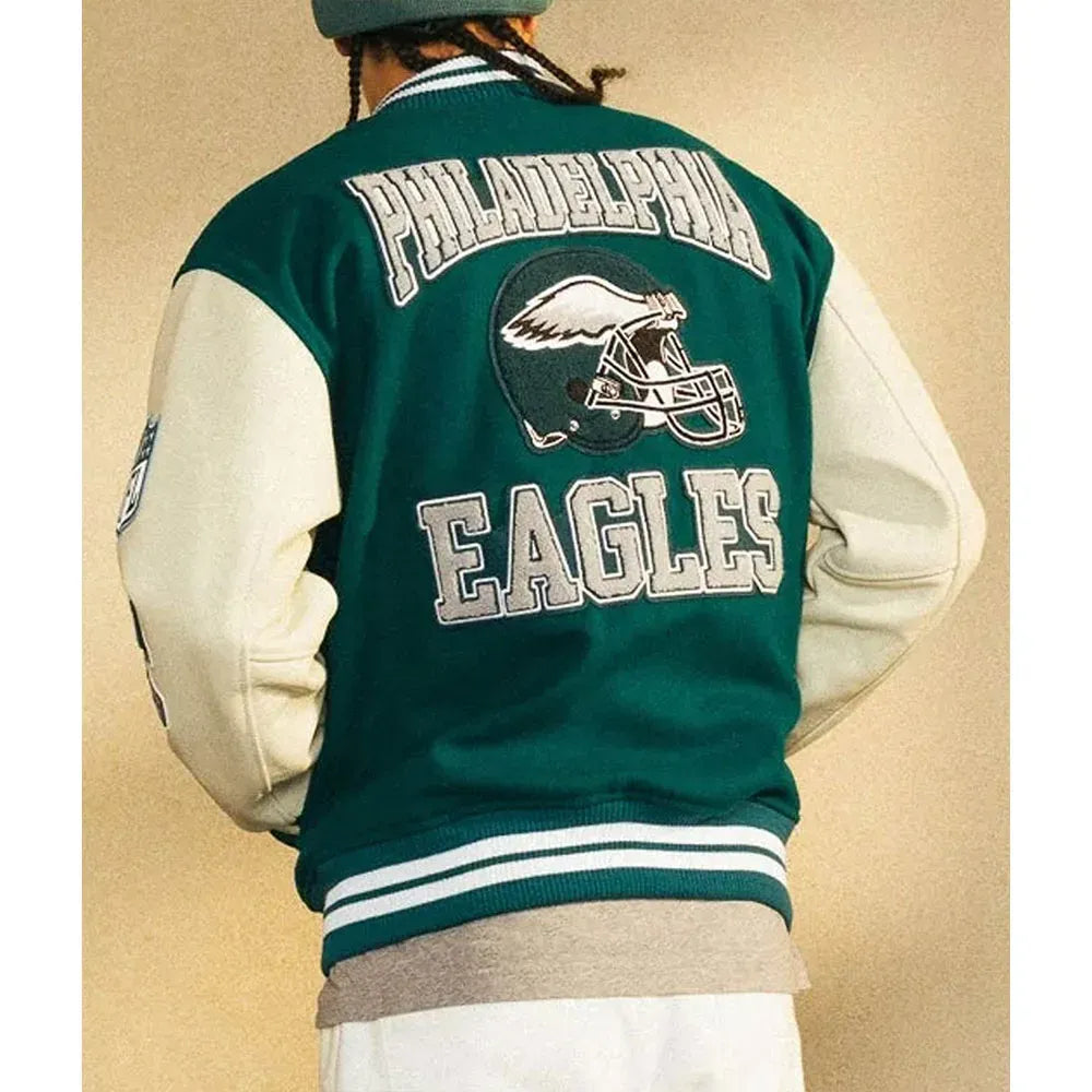 OVO x Philadelphia Eagles Varsity Jacket - Green & White Wool Leather Letterman Jacket