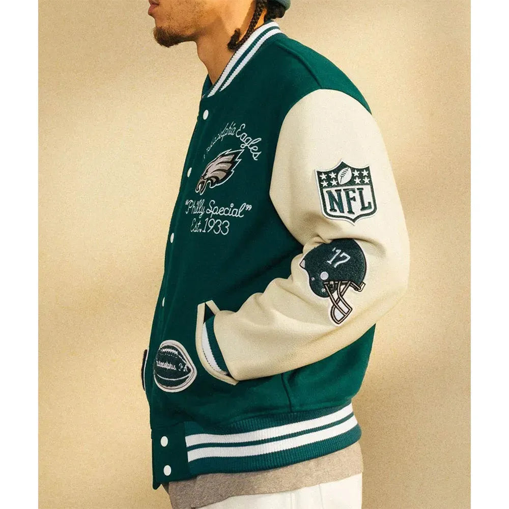 OVO x Philadelphia Eagles Varsity Jacket - Green & White Wool Leather Letterman Jacket