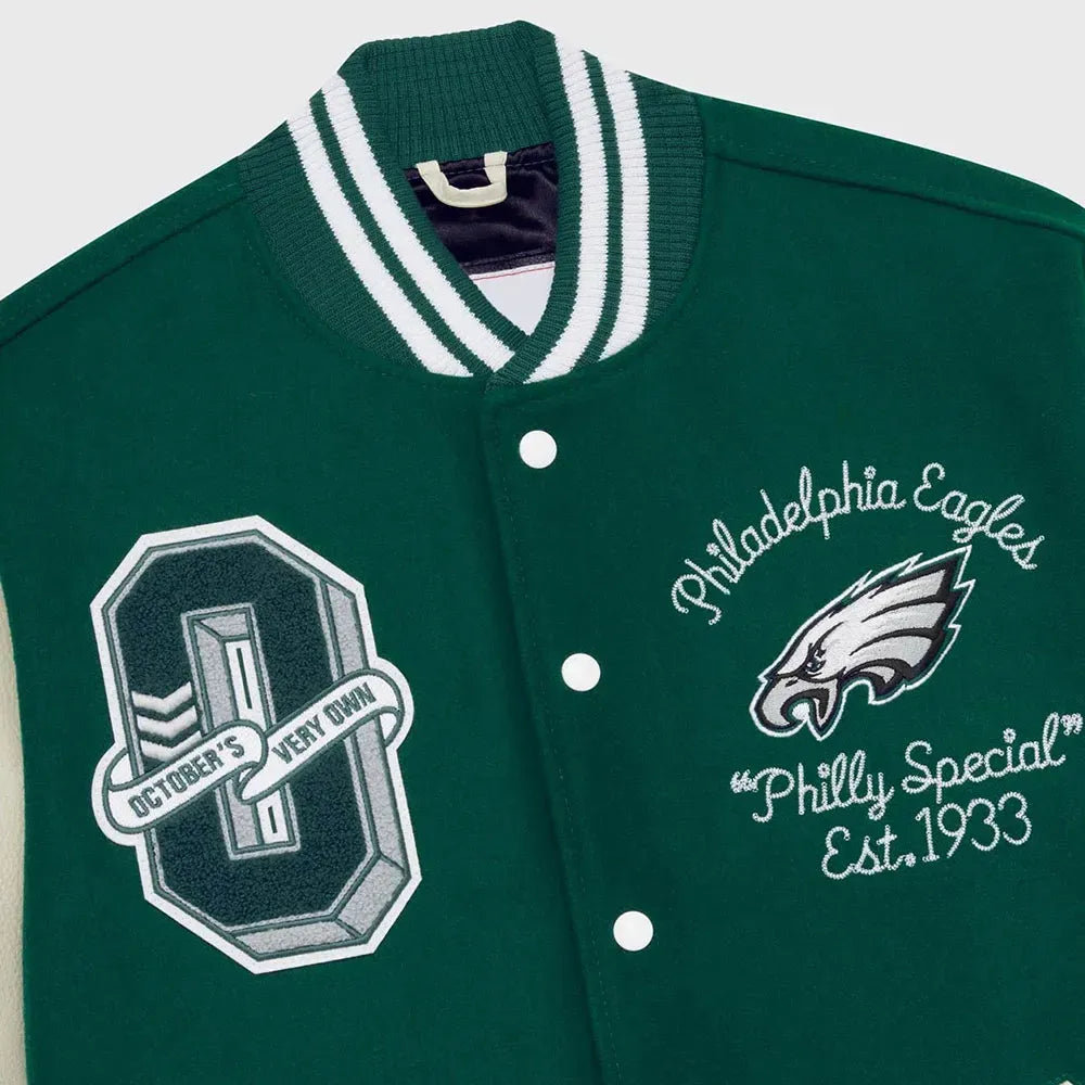 OVO x Philadelphia Eagles Varsity Jacket - Green & White Wool Leather Letterman Jacket