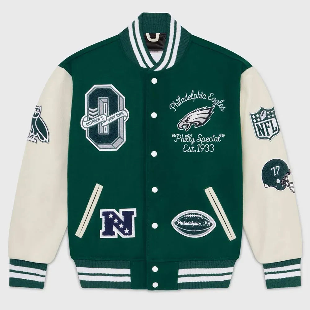 OVO x Philadelphia Eagles Varsity Jacket - Green & White Wool Leather Letterman Jacket