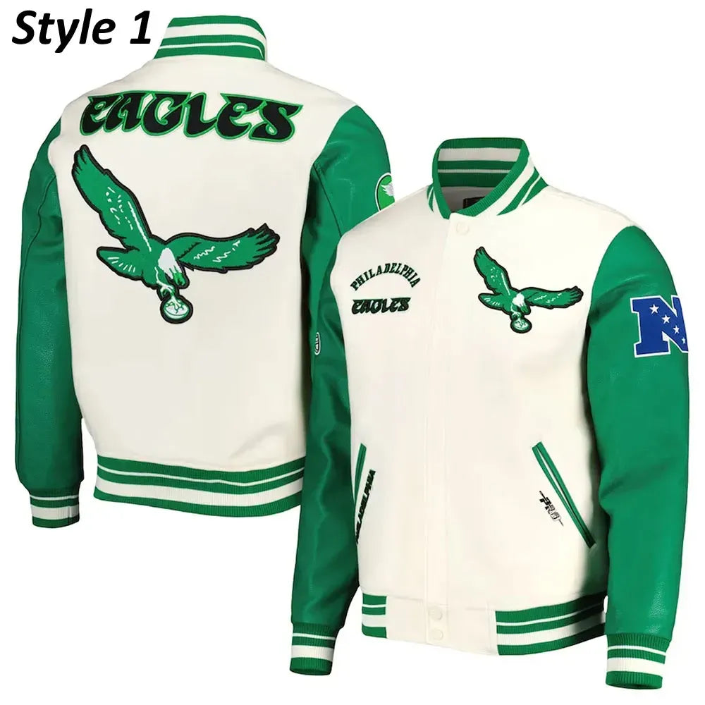 Cream & Green Eagles-Inspired Retro Varsity Jacket - Wool & Leather Letterman Style for Men & Women