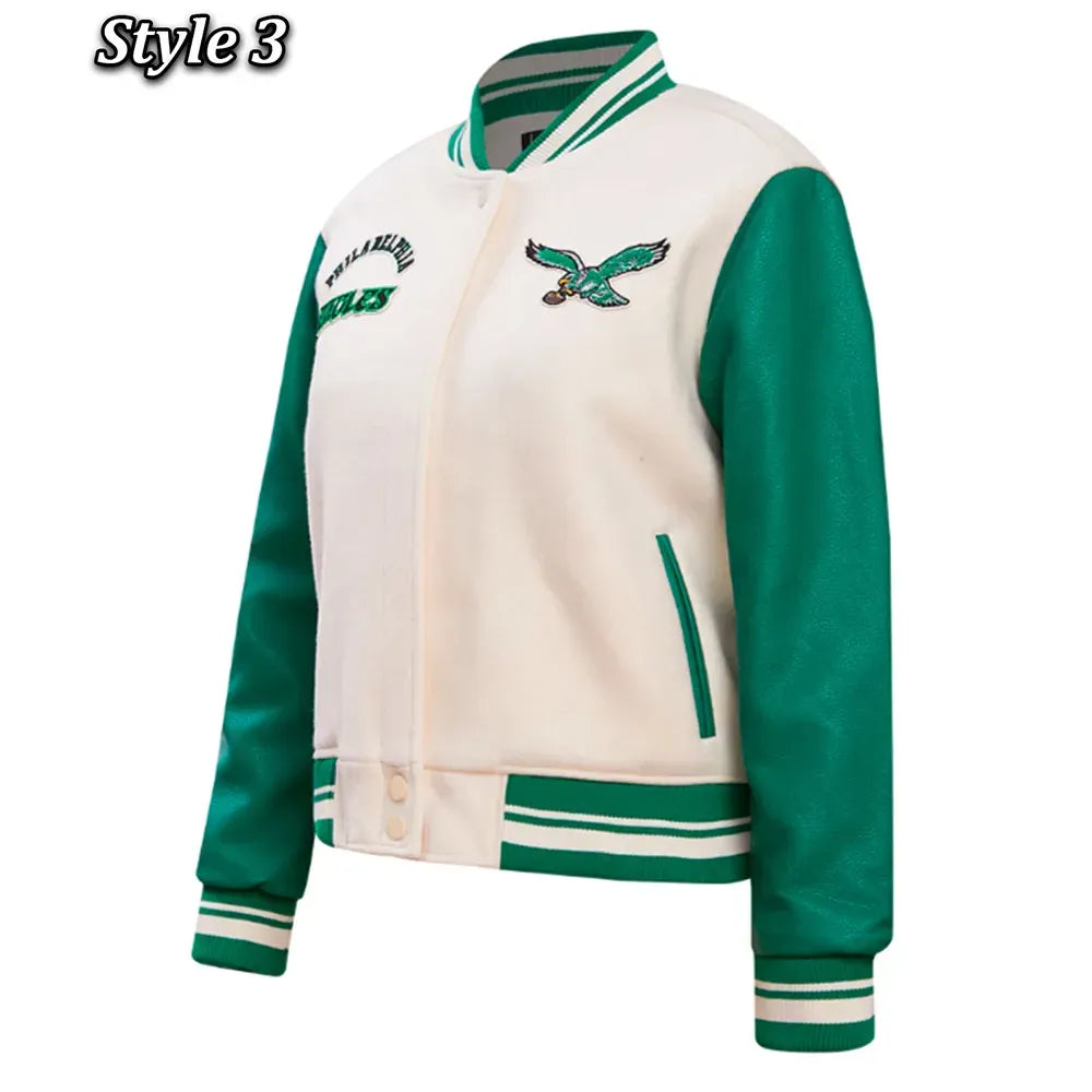 Cream & Green Eagles-Inspired Retro Varsity Jacket - Wool & Leather Letterman Style for Men & Women