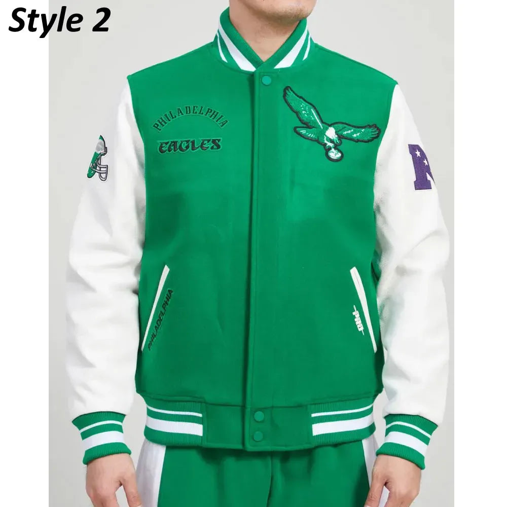 Cream & Green Eagles-Inspired Retro Varsity Jacket - Wool & Leather Letterman Style for Men & Women