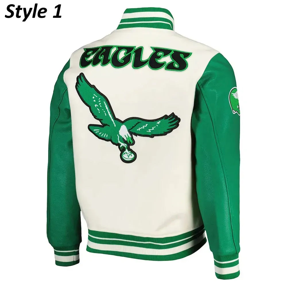 Cream & Green Eagles-Inspired Retro Varsity Jacket - Wool & Leather Letterman Style for Men & Women