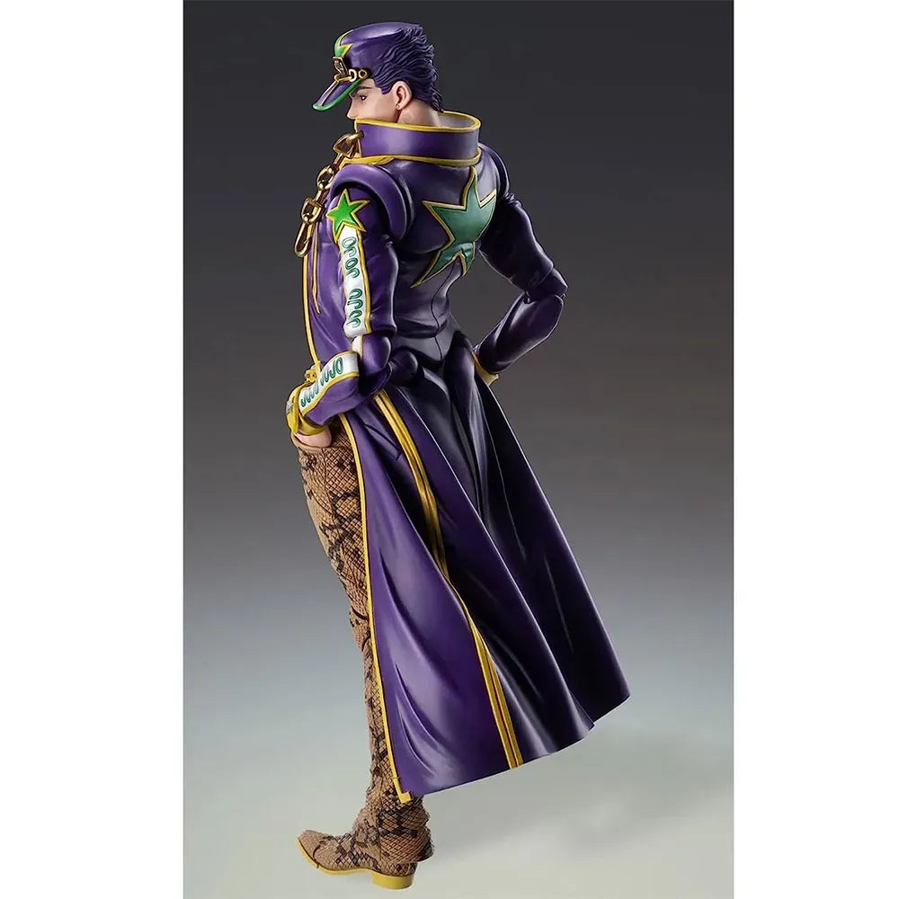 Figurine of a character in a purple outfit with gold accents on a gray background